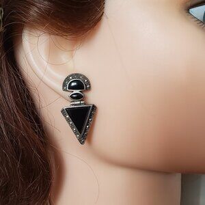 1980-S VINTAGE 925 SILVER ART DECO STYLE EAR RINGS WITH ONYX AND MARCASITE STONE